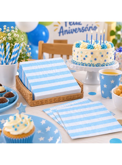 Guardanapo de Papel Listras Azul Claro 33x33cm 20 Unidades