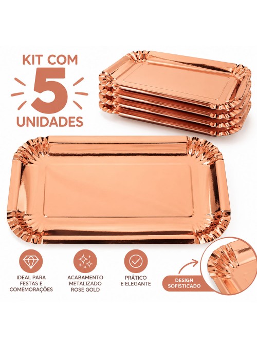 Pratos Descartáveis de Papel Retangular Rose Gold - 5 unidades