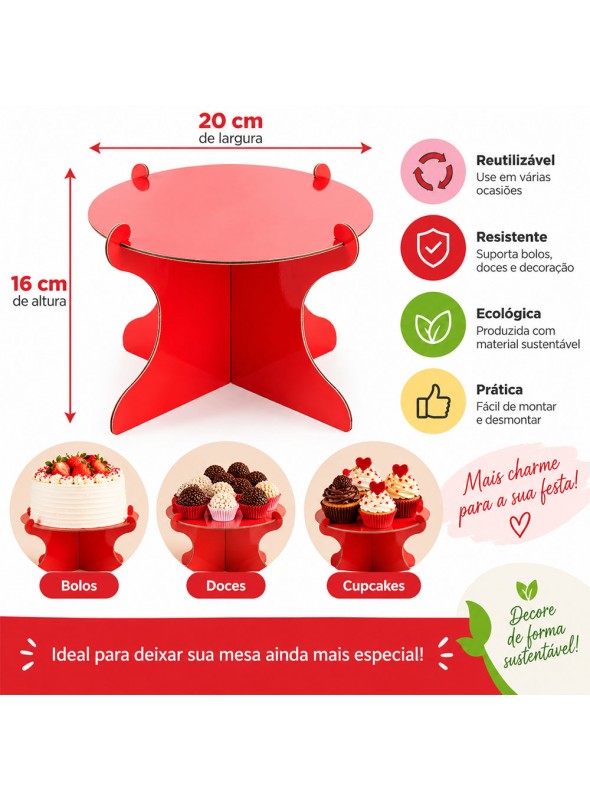 Boleira para Doces Desmontável Reutilizável Festa Vermelha 20cm