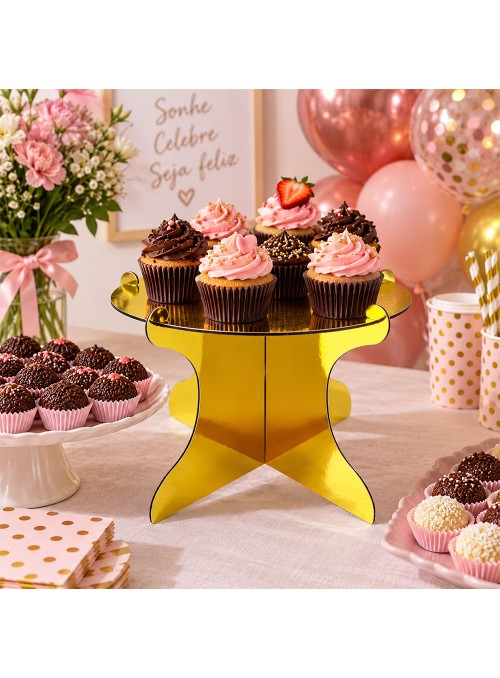 Boleira para Doces Desmontável Reutilizável Festa Dourada 20cm