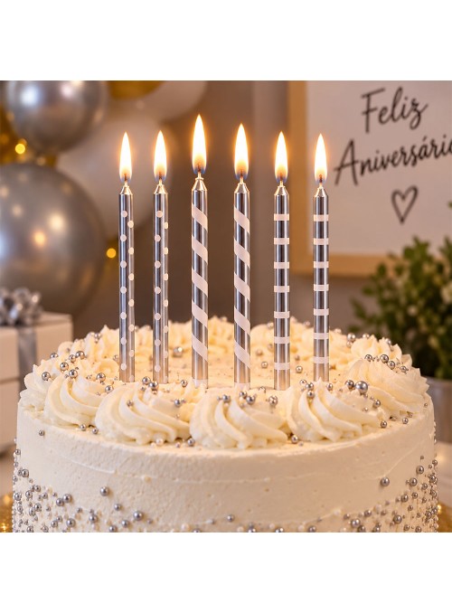 Vela De Aniversário Palito Estampada Prata Ou Dourado 6 Unid