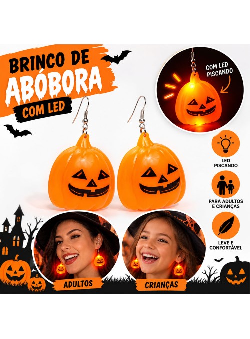 Par de Brincos Halloween Abóbora Laranja com Led Luminoso Fantasia