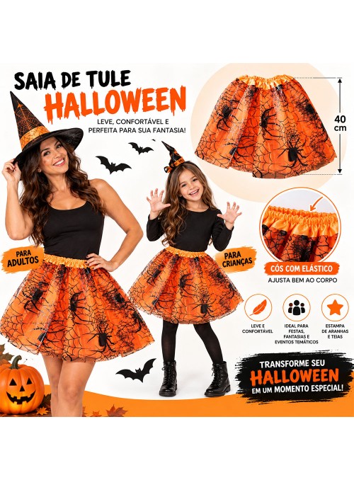 Saia De Tule Fantasia Halloween Aranhas 40cm 3 Camadas