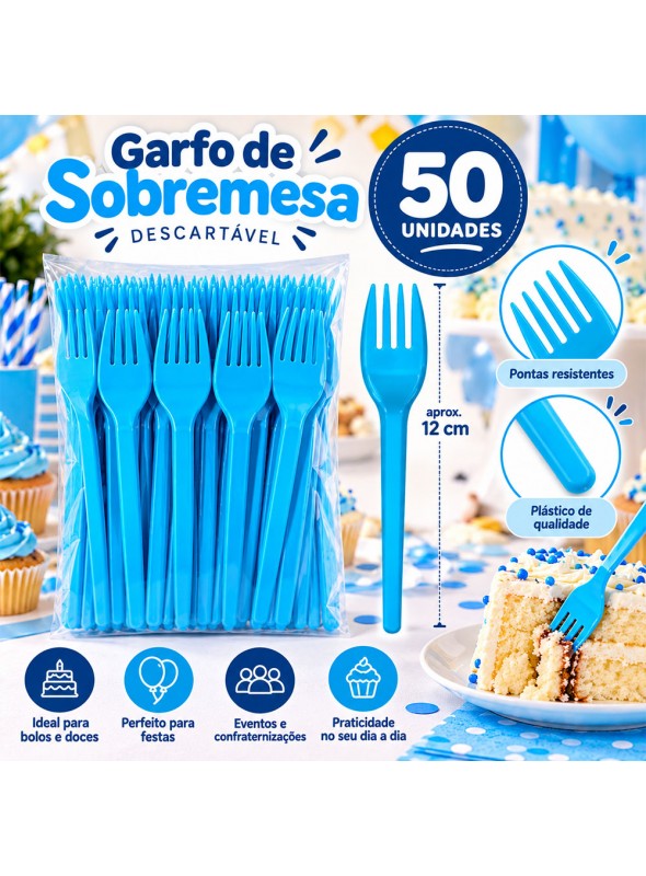 Garfo de Plástico Sobremesa Azul Claro 50 Unidades Descartáveis de Festa
