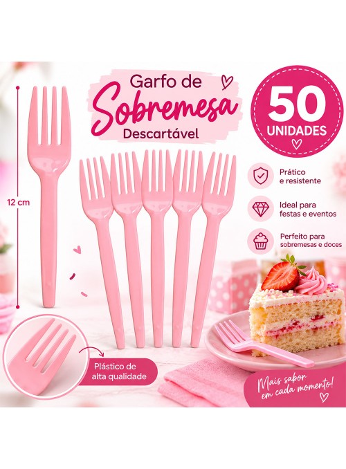 Garfo de Plástico Sobremesa Rosa Claro 50 Unidades Descartáveis de Festa