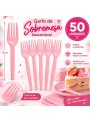 Garfo de Plástico Sobremesa Rosa Claro 50 Unidades Descartáveis de Festa