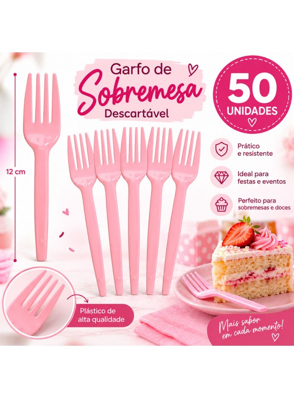 Garfo de Plástico Sobremesa Rosa Claro 50 Unidades Descartáveis de Festa