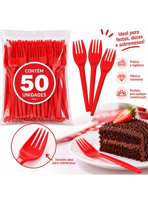 Garfo de Plástico Sobremesa Vermelho 50 Unidades Descartáveis de Festa