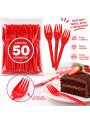 Garfo de Plástico Sobremesa Vermelho 50 Unidades Descartáveis de Festa