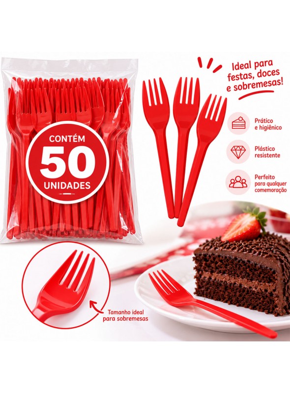 Garfo de Plástico Sobremesa Vermelho 50 Unidades Descartáveis de Festa
