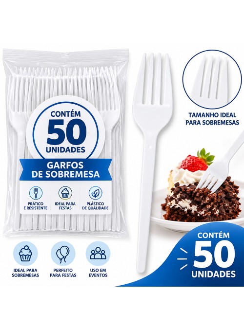 Garfo de Plástico Sobremesa Branco 50 Unidades Descartáveis de Festa