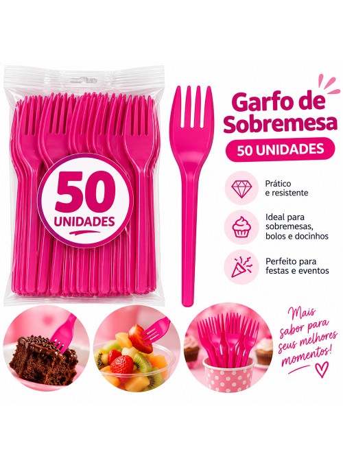 Garfo de Plástico Sobremesa Rosa Pink 50 Unidades Descartáveis de Festa