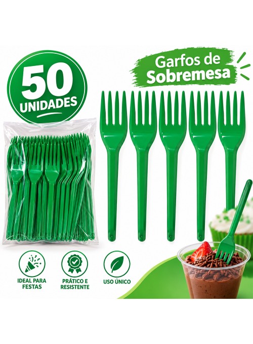 Garfo de Plástico Sobremesa Verde 50 Unidades Descartáveis de Festa