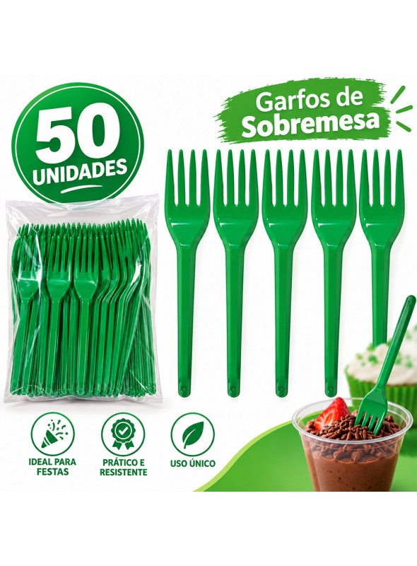 Garfo de Plástico Sobremesa Verde 50 Unidades Descartáveis de Festa