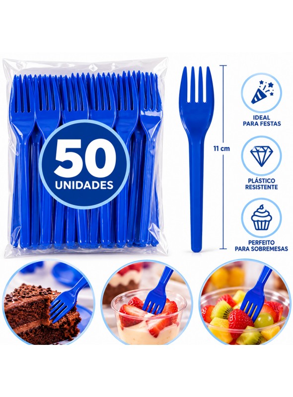 Garfo de Plástico Sobremesa Azul Escuro 50 Unidades Descartáveis de Festa
