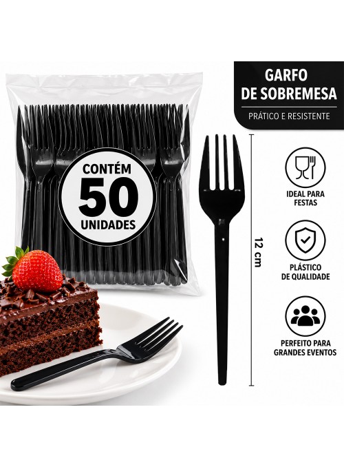 Garfo de Plástico Sobremesa Preto 50 Unidades Descartáveis de Festa