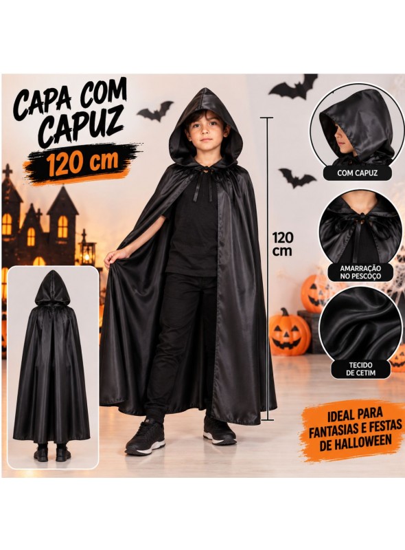 Capa Fantasia Vampiro Com Capuz Preto 120cm