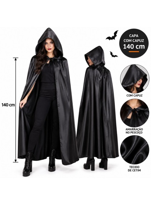 Capa Fantasia Vampiro Com Capuz Preto 140cm