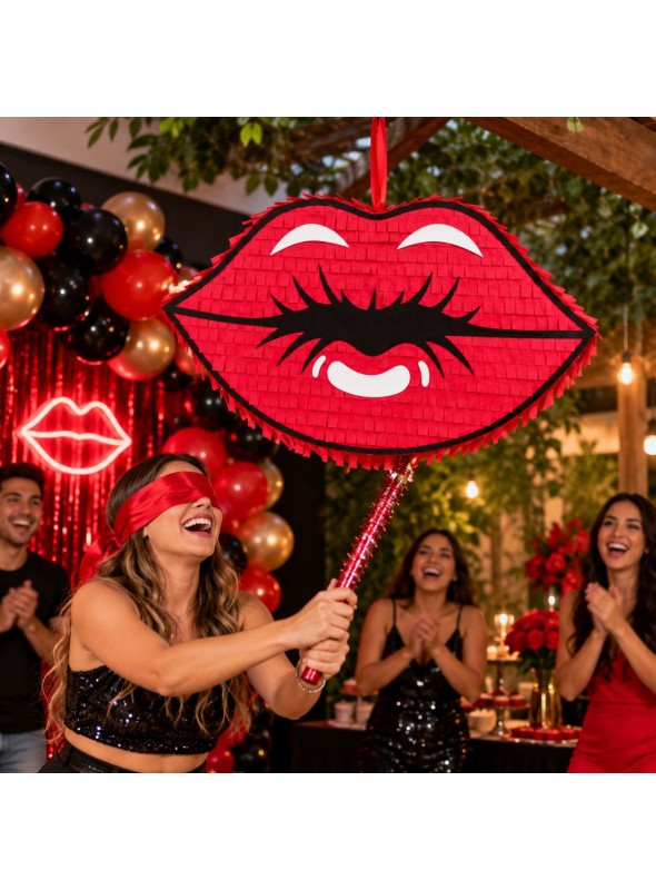 Pinhata Boca Beijo Vermelho Com Bastão E Máscara Bam Festas