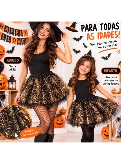 Fantasia Saia 3 Camadas Preta com Teias de Aranha Dourada Metalizada 40cm Halloween