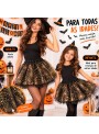 Fantasia Saia 3 Camadas Preta com Teias de Aranha Dourada Metalizada 40cm Halloween