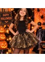 Fantasia Saia 3 Camadas Preta com Teias de Aranha Dourada Metalizada 40cm Halloween