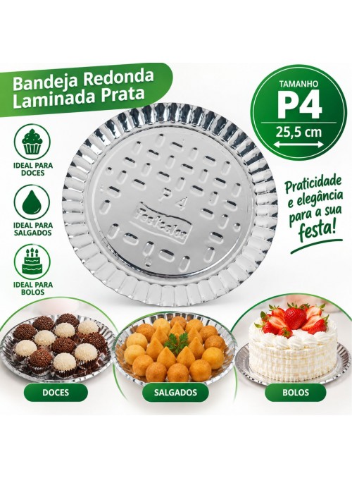 Bandeja Redonda Laminada Prata P4 25,5cm Descartável de Festa