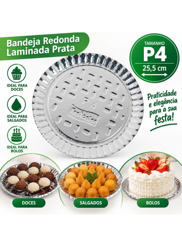 Bandeja Redonda Laminada Prata P4 25,5cm Descartável de Festa