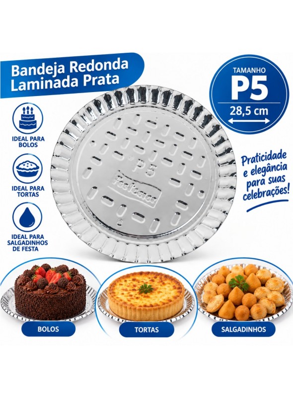 Bandeja Redonda Laminada Prata P5 28,5cm Descartável de Festa