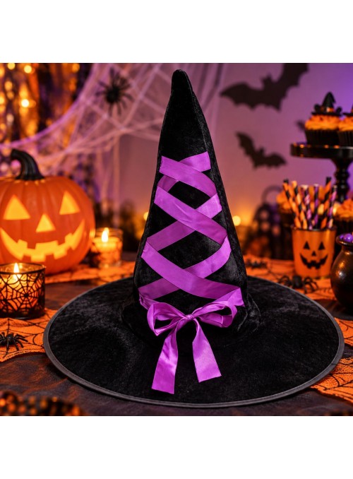 Chapéu De Bruxa Halloween Veludo Preto Laço Trançado Roxo