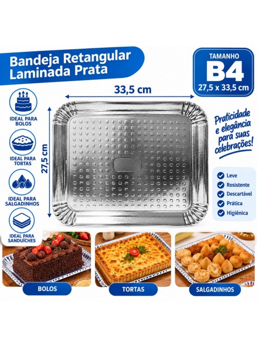 Bandeja Laminada Retangular Prata Descartável B4 27,5cm 1 und