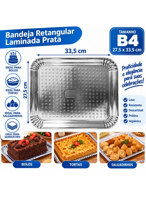 Bandeja Laminada Retangular Prata Descartável B4 27,5cm 1 und