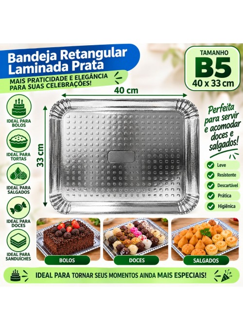 Bandeja Laminada Retangular Prata B5 40x33cm 1 Unidade