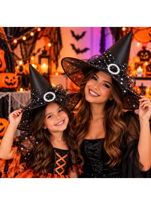 Chapéu De Bruxa Halloween Tule Estrelas com Fivela