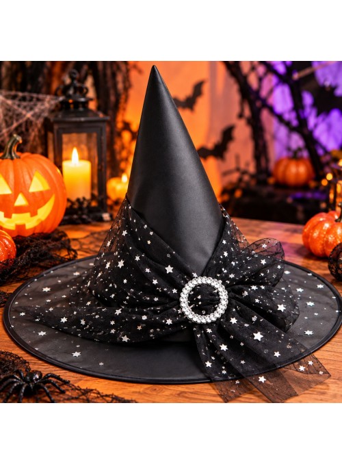 Chapéu De Bruxa Halloween Tule Estrelas com Fivela