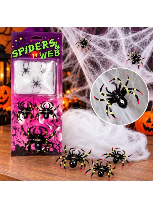 Teia de Aranha Branca com 6 Aranhas Decoração Halloween Silver Festas