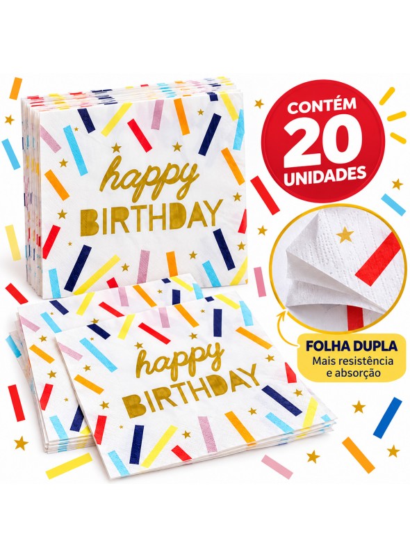 Guardanapo de Papel Folha Dupla Happy Birthday 33x33 Silver Festas 20 Unidades