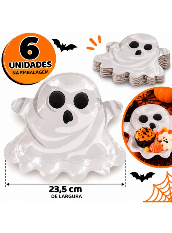 Prato De Papel Fantasma Decoração Halloween 6 Unidades
