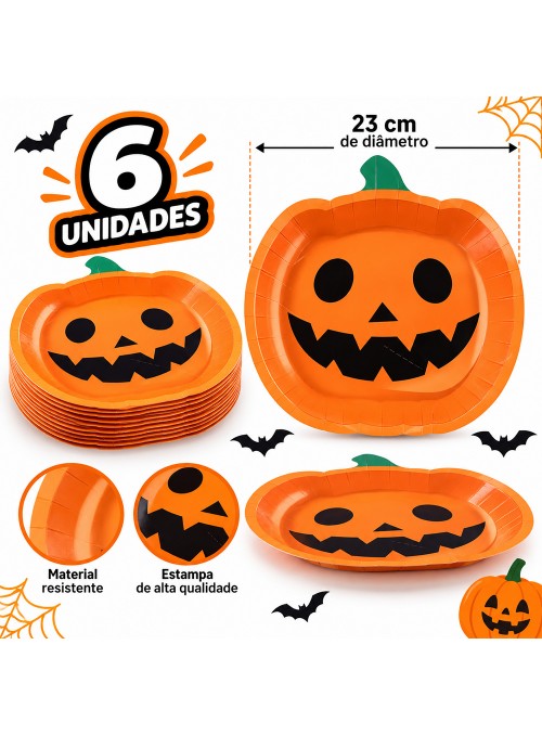 Prato De Papel Abóbora Festa Halloween 23cm 6 Unidades