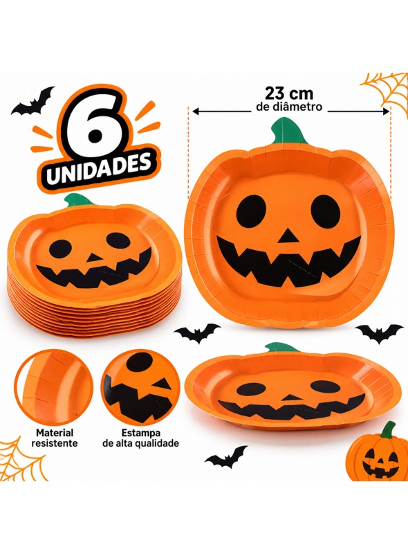 Prato De Papel Abóbora Festa Halloween 23cm 6 Unidades
