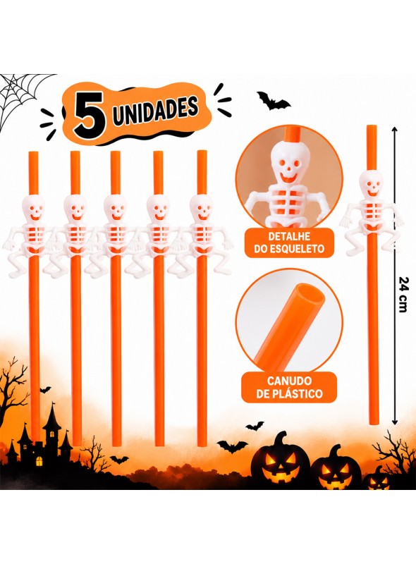 Canudo de Plástico Halloween Esqueleto 27cm Silver Festas 5 Unidades