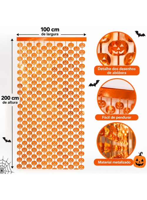 Cortina Metalizada Abóbora Laranja Halloween Dia das Bruxas