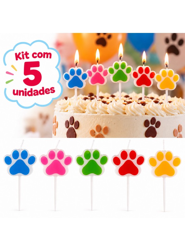 Vela de Aniversário Patinhas de Cachorro Coloridas 5 Unidades