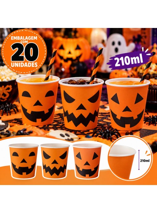 Copo Descartável Halloween Abóbora 210ml Com 20 Un Laranja