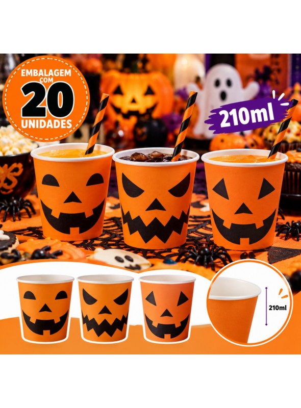 Copo Descartável Halloween Abóbora 210ml Com 20 Un Laranja