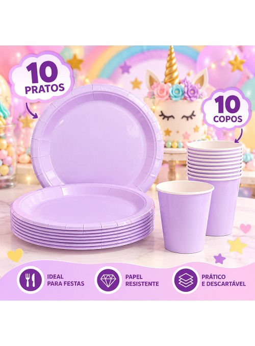 Kit Prato e Copo de Papel Descartáveis de Festa Lilás CandySilver Festas - 10 unidades de cada