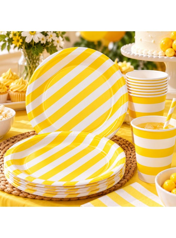 Prato e Copo de Papel Listras Amarelo 10 Unidades de Cada