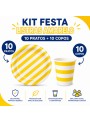 Prato e Copo de Papel Listras Amarelo 10 Unidades de Cada