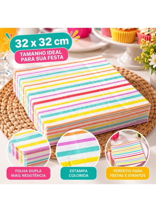 Guardanapo de Papel Folha Dupla Listras Coloridas 32x32 Silver Festas 20 Unidades