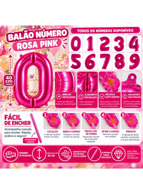 Balões Metalizados Números Rosa Pink Pequeno 16 Polegadas 40cm Silver Festas